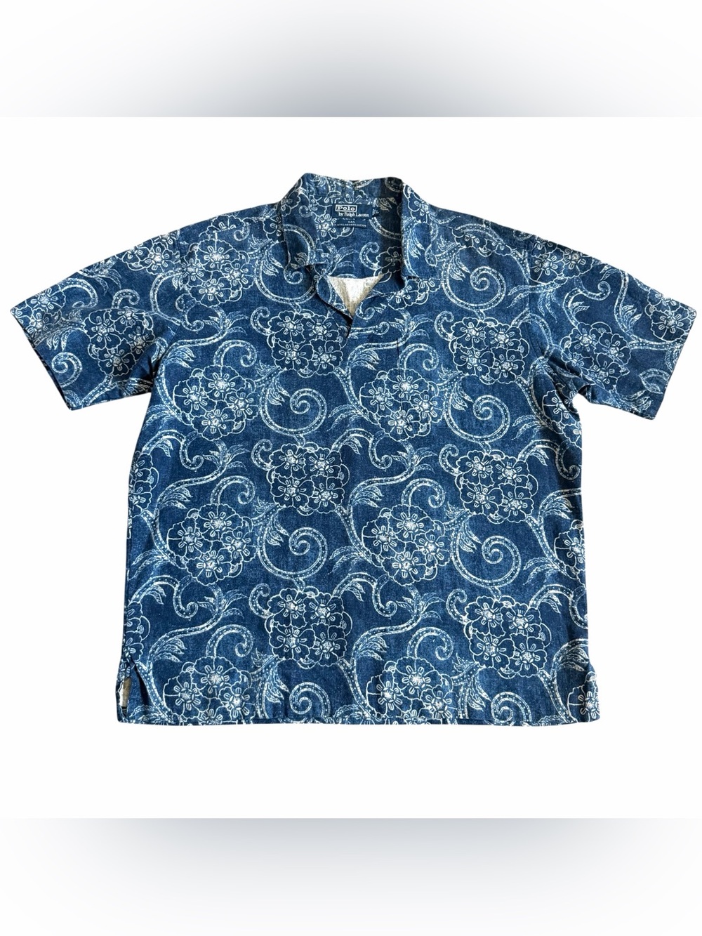 VTG Polo Ralph Lauren Men’s Sail Shirt Sz L Johnny Collar Linen Hawaiian Blue